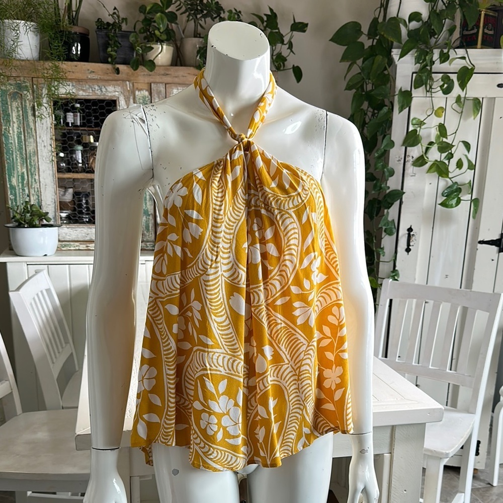 Yellow/White Floral Halter blouse 100% Rayon NWT XL